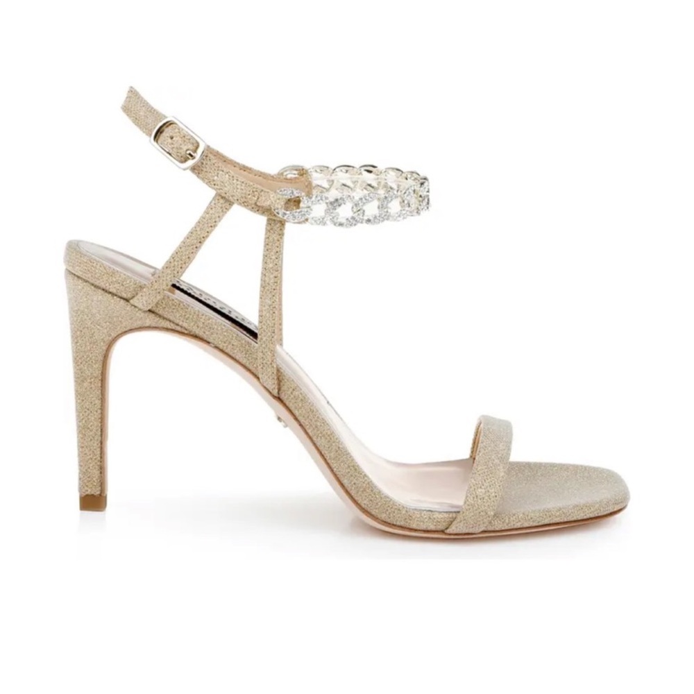 Badgley Mischka Kai Gold metallic 7.5 chain rhinestone Strappy 3.5” buckle Heels - Picture 14 of 14